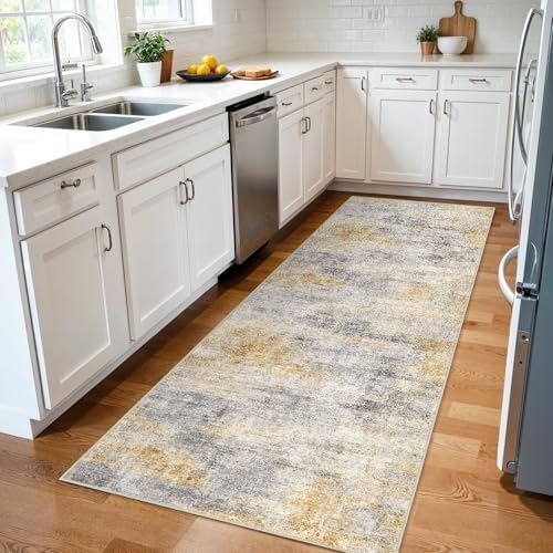 3x7 Runner Rug Washable Abstract: Non Slip Hallway Floor Mat Grey/Yellow - Image 2