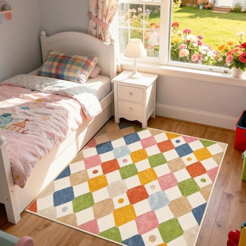 jinchan Checkered Square Rug 5x5 Washable Colorful Kids Room Play Mat - Image 7