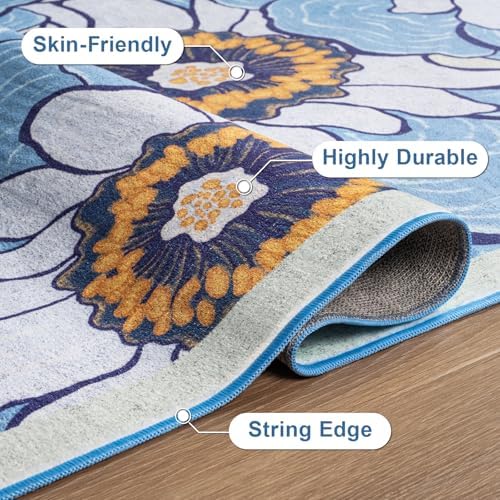 Area Rug 4x6 Blue Rug Washable Boho Rugs Non Slip Vintage Rugs Low Pile Floral Small Carpet for Living Room, Bedroom, Bedside, Kids Room, Office, Dining Room - Image 5