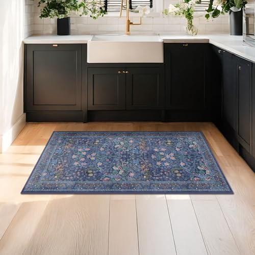 Dark Blue Washable 2x4 Runner Rug - Vintage Floral Small Rug for Kitchen, Door Mat Indoor, Bathroom, Non-Slip Boho Navy Entryway Décor by HazoHaus