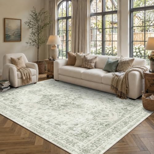 7x9 Washable Living Room Area Rug Soft Medallion Green Large Carpet - Image 4