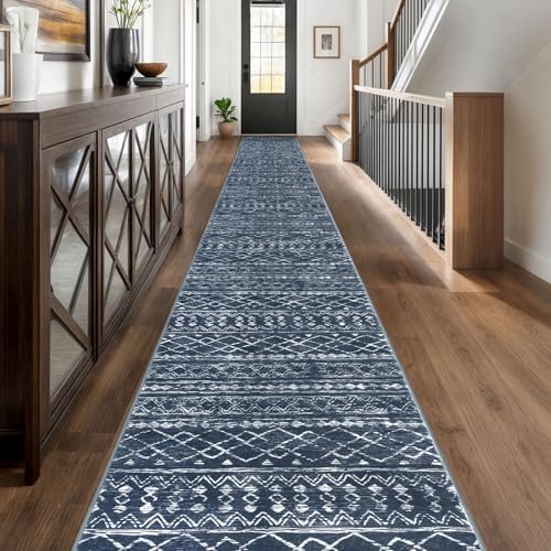 KUTA Extra Long Runner Rug for Hallway 2.6x20ft Navy Blue Boho Washable by KUTA