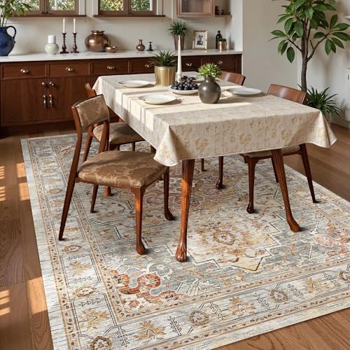 Washable Area Rug 5' x 7' Vintage Traditional Persian Mat - Foldable Distressed Non-Slip Machine Washable Carpet for Living Room Bedroom Kitchen Home Decor - Dove Gray and Coral - Image 3