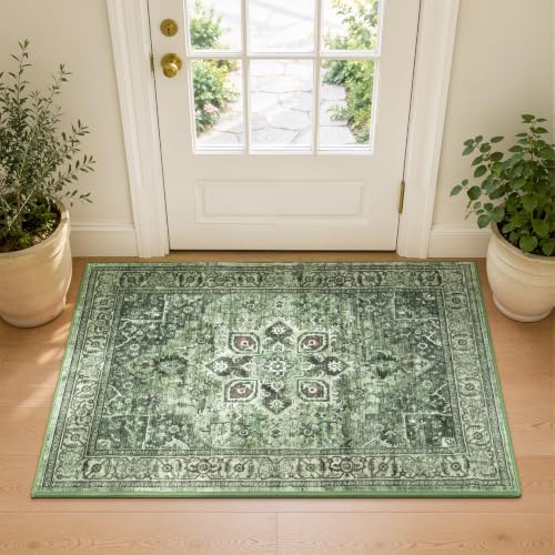 Sage Green 2x3 Entryway Rug, Vintage Washable Small Rugs for Kitchen by Vibrug