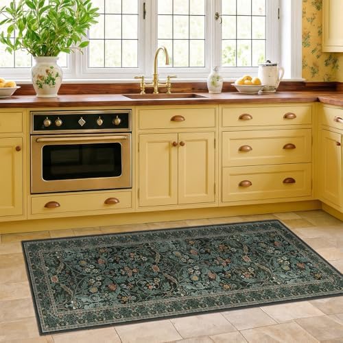 2x5 Runner Rug Non Slip Washable - Small Bathroom Runner Rug Non Slip, Dark Green Floral Pattern Soft Carpet Runner for Entryway Kitchen Bedroom Bedside, Waterproof Mats for Laundry (Olive Green) - Image 6