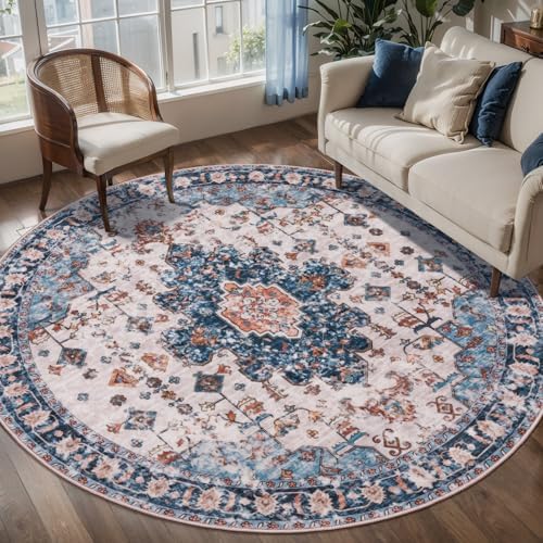 Tangsoo Washable Round Area Rugs 6ft, Vintage Non Slip Large Circle Rug by Tangsoo