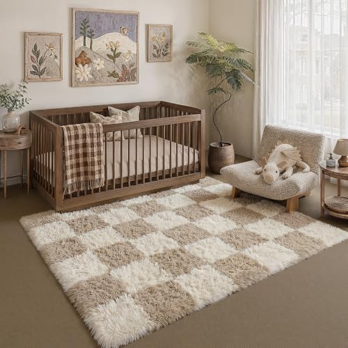PureCozy Beige 4x6 Area Rug for Kids Room Soft Fluffy Checkered Shag Carpet - Image 3