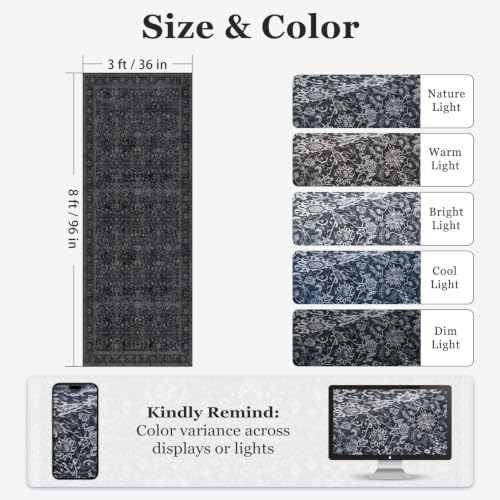 Dark 3x8 Hallway Runner Rug, Entryway Kitchen Runners Non Skid Washable 8 ft, Non Slip Ultra Thin Carpet Runner for Corridor Mudroom Foyer Bathroom Bedroom, Vintage Farmhouse Midnight - Image 2