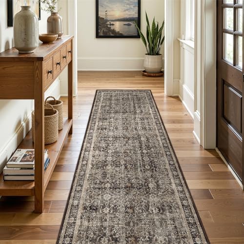 Washable Hallway Runner Rug 2'x6', Vintage MCM, Black/Brown/Beige by Jainmy