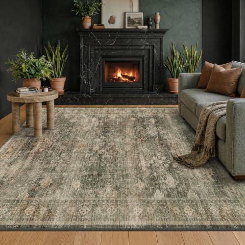 Vintage Moss Green 5x8 Area Rug for Living Room & Bedroom, Washable Boho Dark Academia Distressed Geometric Floral Rug for Dining Room, Non-Slip Low Pile Stain Resistant by Unknown
