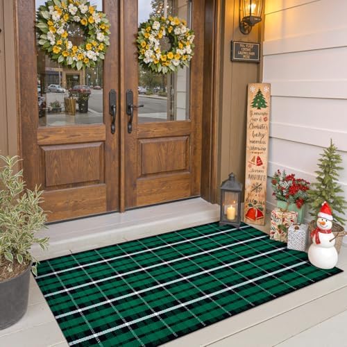 OJIA Christmas Door Mat Outdoor 24"x51" Green Plaid Front Door Porch Rug by OJIA