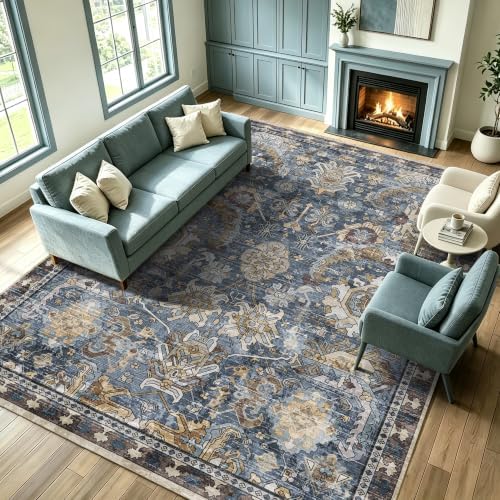 RUGSURE Washable Area Rugs - Perfect for Living Room, Bedroom, Kids Room, Nursery - Stain & Water Resistant Non-Slip, Pet & Child Friendly, Vintage Tribal Area Rugs (Navy, 9' x 12') - Image 2