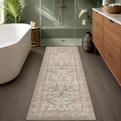 Traditional Floral Moss 2x5 Bathroom Runner Rug Non Slip - Washable Low Pile Kitchen Runner, Thin Neutral Taupe Green Vintage Decor Floor Carpet for Bedroom, Laundry Room, Entrance by Evyhood