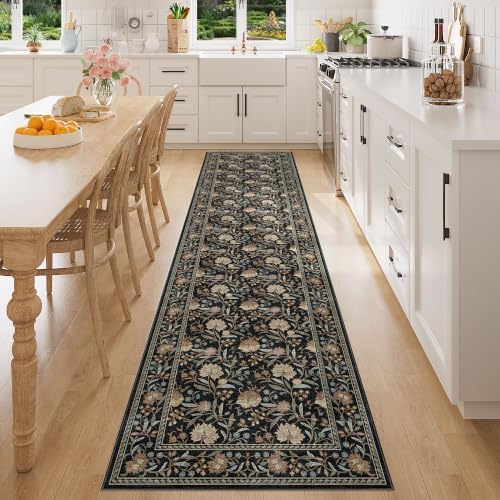 DUKINO 2x8 Runner Rug, Washable Vintage Floral Kitchen Rugs, Black by DUKINO