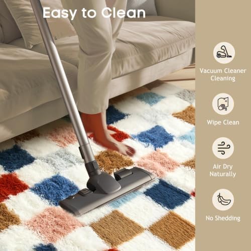 Ophanie Checkered Rainbow Rug for Living Room Bedroom,Colorful Fluffy Soft Cute Fuzzy Area Rugs,Shag Plush Shaggy Bedside Floor 8x10 Furry Carpet for Kids Teen Dorm Decor with Over 99 pcs Pile fibers - Image 6