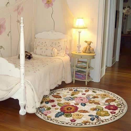 Washable 4ft Round Area Rug, Beige Boho Floral Non-Slip for Bedroom Kitchen - Image 4
