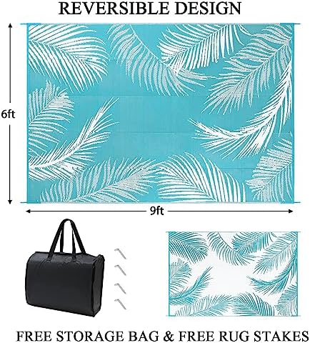 Pauwer Waterproof Outdoor Rug 6x9, Plastic Straw Patio Mat, Leaf Teal - Image 2
