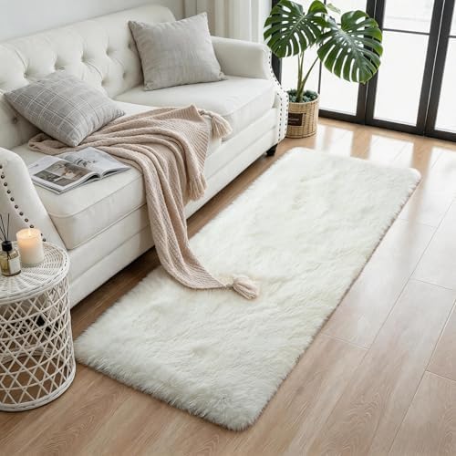 Ivory Cream Fluffy Shag Runner Rug, 2'x6', Washable Non Slip Plush Carpet - Image 6