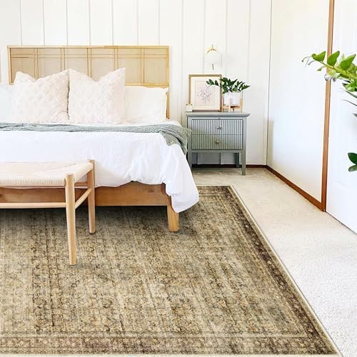 CHAMPLANT 5x7 Washable Area Rug Vintage Brown Traditional Floor Cover Foldable Thin Rug Kitchen Accent Rug Indoor Distressed Non Slip Carpet Floral Print Mat Bedroom Living Room Bathroom - Image 2
