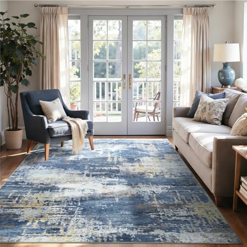 5x7 Ft Abstract Washable Area Rugs for Living Room Gold Blue - Image 2