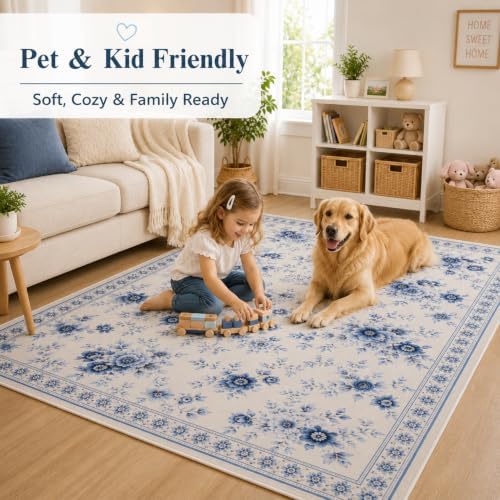 Helthep Floral Soft & Non-Slip Area Rug – Ultra-Thin Faux Cashmere, Pet-Friendly, Easy to Clean, Durable TPR Backing – Elegant Flower Pattern for Bedroom & Living Room (Light Blue/Cream, 5' x 7') - Image 6