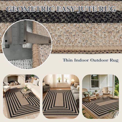 Lahome Modern Easy Jute Dining Room Rug, 5x7 Black Geometric Outdoor Rug - Image 4