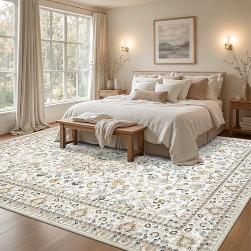 10x14 Area Rugs Living Room: Washable Vintage Rug for Bedroom Beige - Image 3