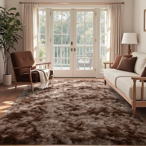 9x12 Ft Extra Large Shag Brown Area Rug for Living Room, Tie-Dyed Ultra Soft Fluffy Furry Rugs for Bedroom Indoor Floor, Aesthetic Carpet for Kids Home Decor (Coffee) by Cuzwlovita