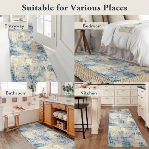 Lahome Modern Abstract Rug Runners for Hallways Non Slip, 2x7 Carpet Runner Rug for Kitchen Non Skid Washable, Soft Floor Mat for Bathroom Bedside Entrance RV, Blue/Yellow/Ivory - Image 5