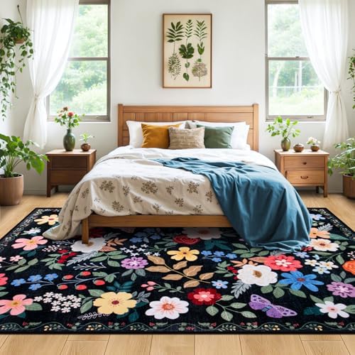 PLHXFR 8x10 Area Rug Living Room: Floral Washable Boho Soft Carpet Black - Image 3