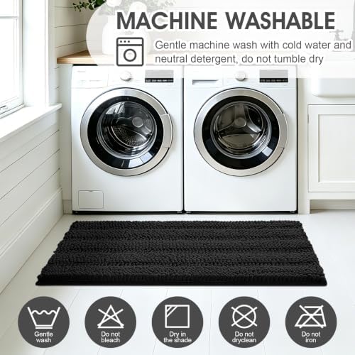 ACCUMTEK Striped Black Bathroom Rug Set 3 Pieces Ultra Soft, Non Slip Chenille Toilet Mat, Absorbent Plush Shaggy Bath Mats for Bathroom, Bedroom, Kitchen - Image 6