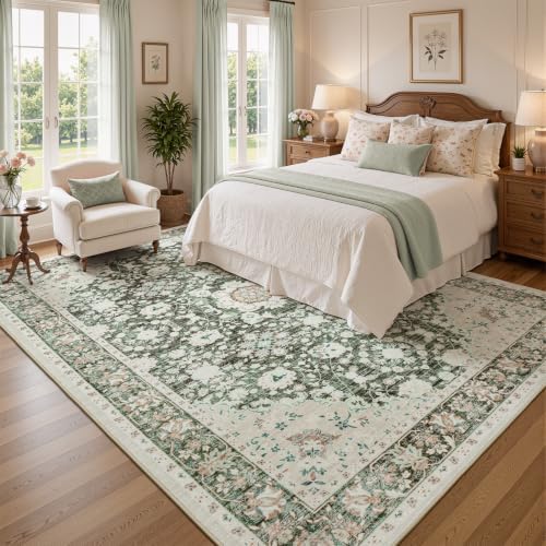 Lessymo 9x12 Area Rugs for Living Room,Large Washable Floral Carpet Brown - Image 2