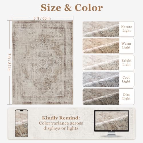 Neutral Oatmeal 5x7 Area Rugs for Living Room, Washable Non Slip Bedroom Rug with Faded Medallion Pattern, Modern Farmhouse Low Pile Thin Carpet Rugs for Dining Room/Kitchen/Home Office - Image 2