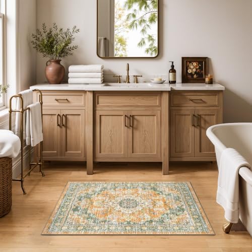 2x3 Boho Washable Entryway Area Rugs, Small Non Slip Door Mat, Green Orange - Image 2