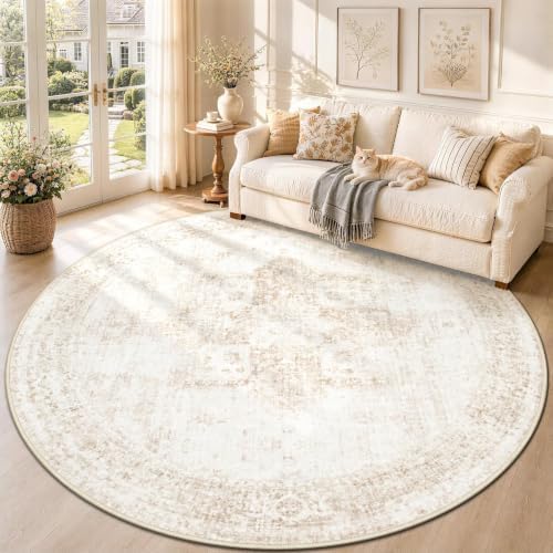 Round Rugs 8ft Washable Rug, Vintage Boho Medallion Rugs Non-Slip Soft Low Pile Circle Distressed Rug Indoor Retro Carpet for Living Room Bedroom Dining Room Home Office (Beige, 8' Round) by VECARF