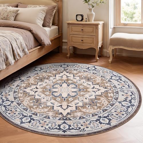 Lofus 4ft Round Area Rugs for Living Room, Vintage Boho Carpet Floral Brown - Image 2