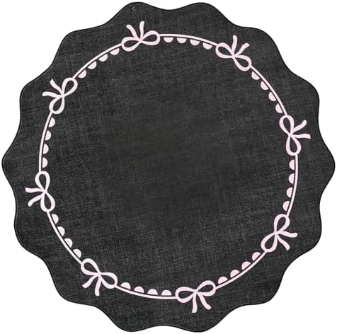 GarveeHome 6ft Round Rugs Washable Scalloped Bow Rug for Bedroom Black Pink - Image 4