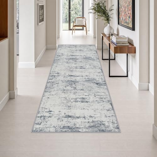 3x8 Washable Runner Rug：Modern Abstract Soft Carpet Blue Grey by FXRHLP