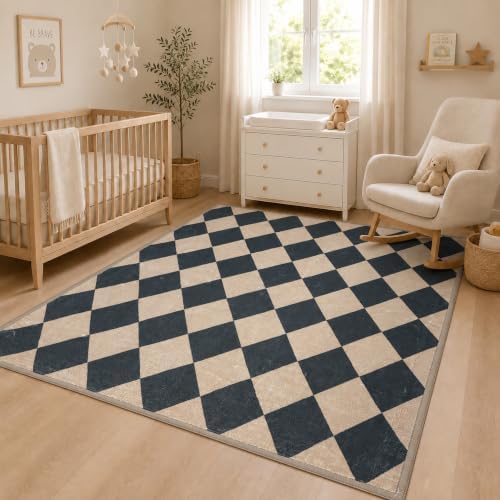 2x3 Checkered Area Rug for Living Room, Soft Low Pile Black & Taupe rugs - Image 3