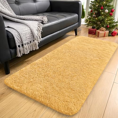 OLANLY 2x4 Machine Washable Runner Rugs for Hallway, Soft Fluffy Shaggy Bedside Rugs for Bedroom, Living Room, Indoor Floor Carpet for Kids Girls and Boys, Home Decor Aesthetic, Mustard Yellow by OLANLY