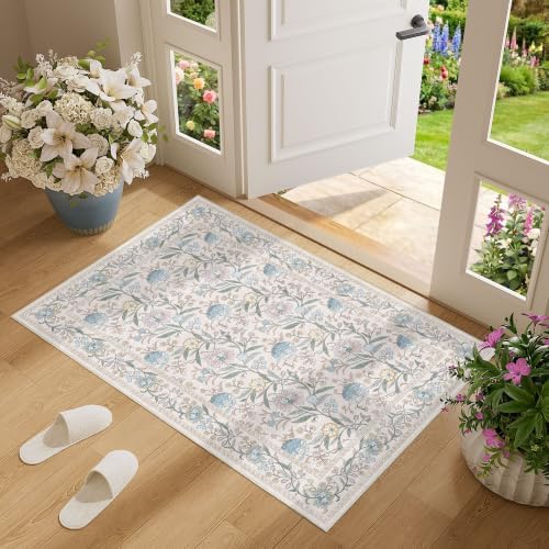 DUKINO 2x3 Rug, Washable Vintage Floral Bathroom Rugs Non Slip, Cream Blue - Image 3