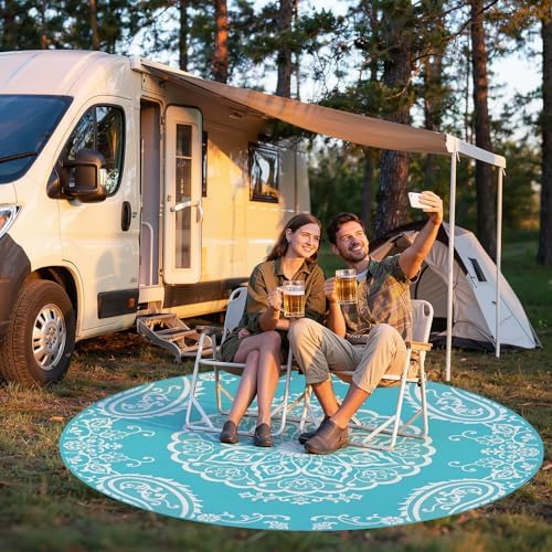 Pauwer Outdoor Rug 8ft, Waterproof Plastic Straw Camping Rug, Boho Teal - Image 6