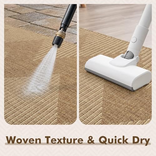 MontVoo-Outdoor Rug Carpet Patio Rug 4x6 ft Polypropylene Indoor Outdoor Rugs for Patio Deck Balcony Porch, Textured Weave, Durable for High Traffic, Fade-Resistant, Boho Geometric Neutral Brown - Image 6