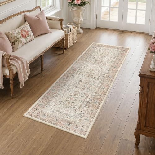 2x5 Washable Kitchen Runner Rug Non-Slip Vintage Pink Throw Carpet - Image 3