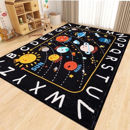 Outer Space Kids Rug,6'7" x 9'2" ABC Alphabet Educational Kids Rugs for Playroom,Non Slip Solar System Galaxy Planets Playroom Rug,Washable Area Rug Carpet for Classroom Kid Room Decor(for Age 2+) by AKASISRUG