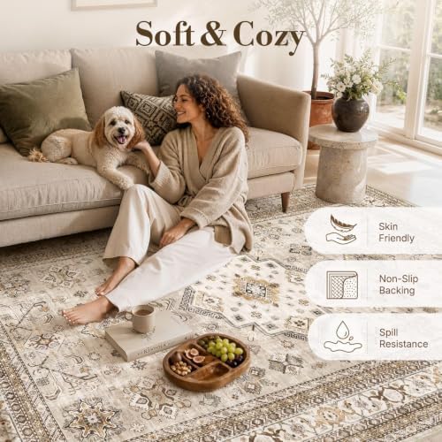 cotiled 8x10 Area Rug for Living Room, Washable, Traditional, Beige - Image 3