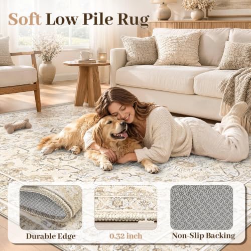 Area Rugs 8x10 Vintage Rug: Large Washable Living Room Rug Retro Medallion Distressed Soft Low Pile Non-Slip Indoor Floor Carpet for Bedroom Kitchen Nursery Dining Office (BeigeBrown, 8'x10') - Image 4