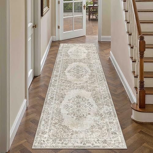 PureCozy 2.6x14 Washable Runner Rug Hallway Cream Beige Vintage Carpet - Image 4