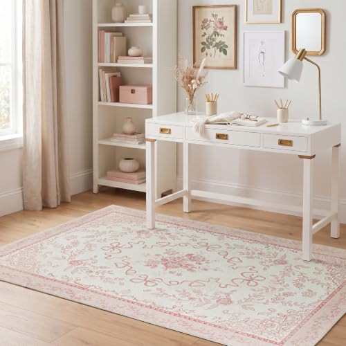 4x6 Pink Small Dorm Room Bedside Rug, Cute Feminine Office Area Rug for Rolling Chairs Under Desk - Image 2
