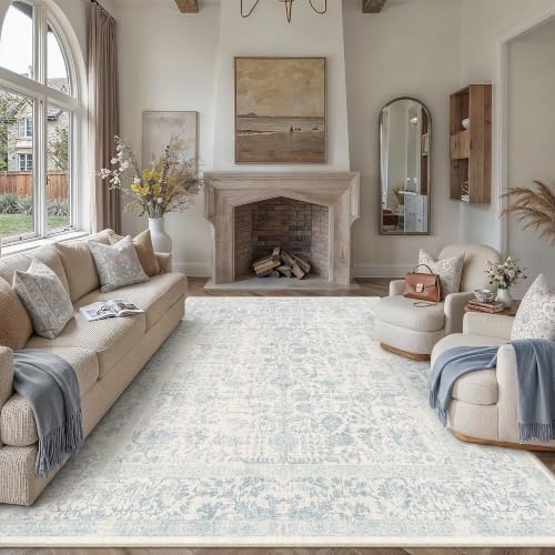 PureCozy Light Blue Area Rug 9x12 Vintage Floral by PureCozy